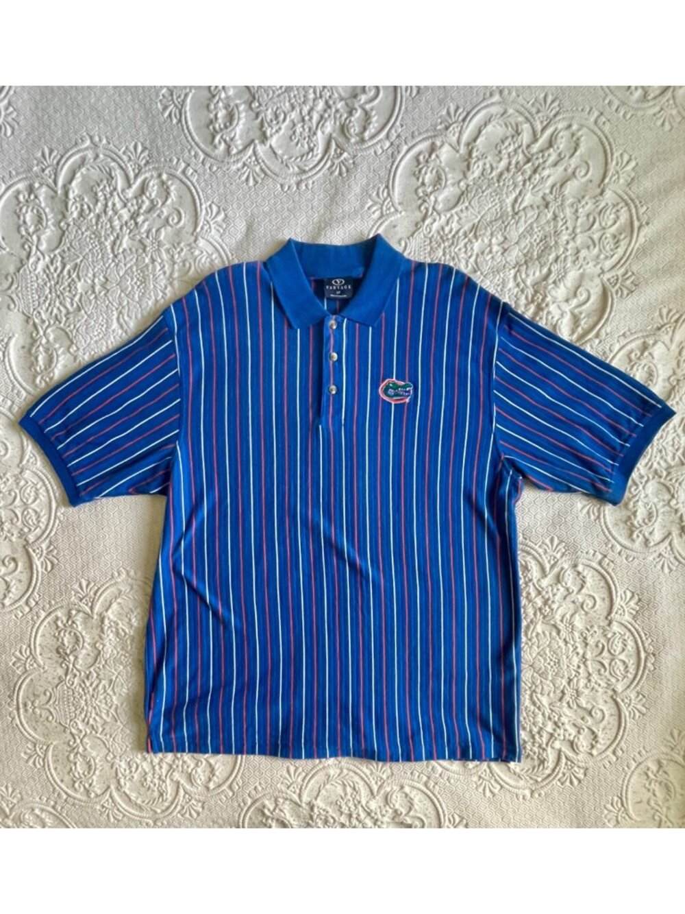 Vintage 1990s Embroidered University of Florida Gators Blue Pinstripe Polo Shirt